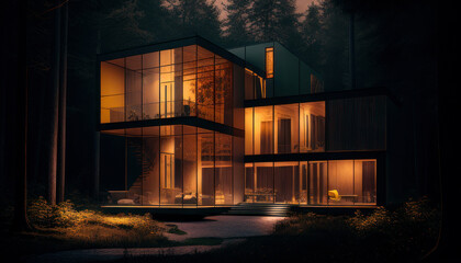 Modern house in the forest at night. Generative AI