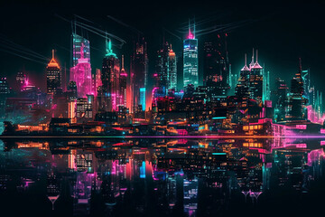 Night view of a big city with vibrant colors, Generated by AI