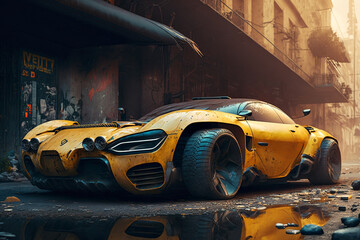 High power sports style yellow car, AI Generated - obrazy, fototapety, plakaty