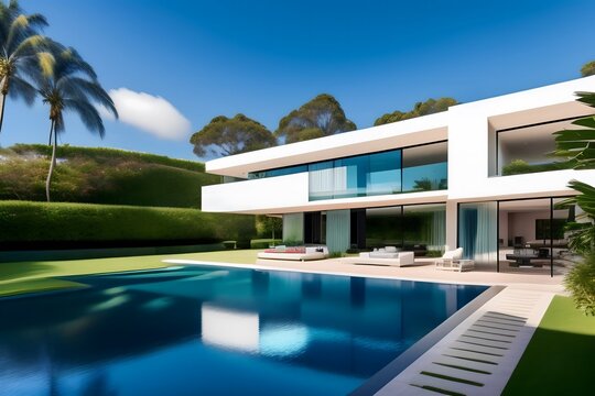 Rendering of "Luxury Modern Villa with Sparkling Pool". Generative AI. 
