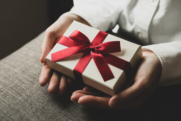 女性が赤いリボンのプレゼントを渡すイメージ写真