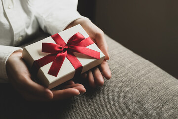 女性が赤いリボンのプレゼントを渡すイメージ写真
