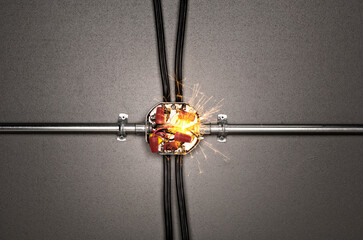 Close-up shot of a wire connector panel with sparks