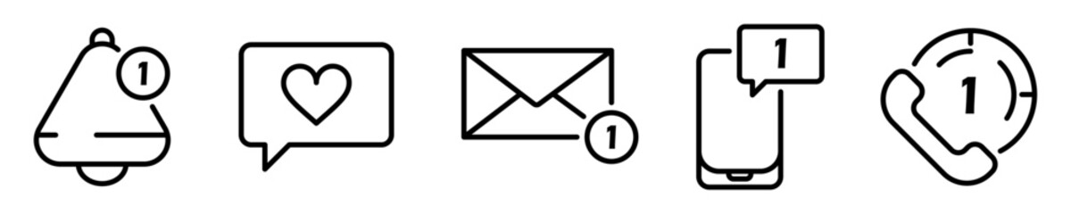 Conjunto de iconos de notificación. Campana, burbuja, mensaje, dispositivo móvil, llamada. Ilustración vectorial