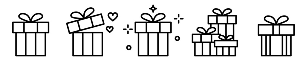 Conjunto de iconos de regalo. Caja de regalo, abierta, cerrada. Concepto de fiesta y celebración. Ilustración vectorial - obrazy, fototapety, plakaty