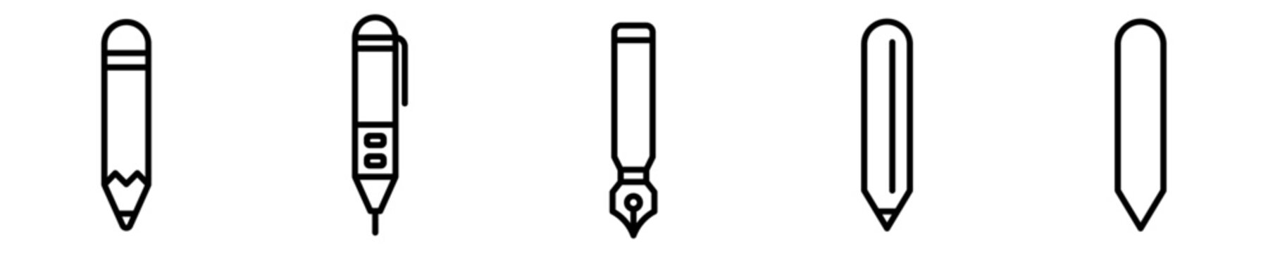 Conjunto de iconos de l&aacute;piz y bol&iacute;grafo. Herramienta de estudio. Escribir, redactar, trazar. Ilustraci&oacute;n vectorial