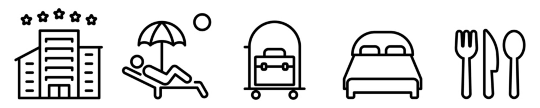Conjunto de iconos de hotel. Vacaciones, equipaje, habitaci&oacute;n, restaurante. Ilustraci&oacute;n vectorial