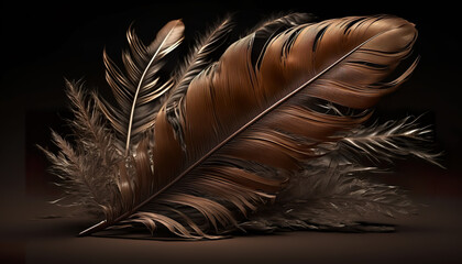 Goose feathers background brown plume wings texture. Feathers in macro. Brown goose feathers in the sunlight close up. Realistic 3D illustration. Creative AI
