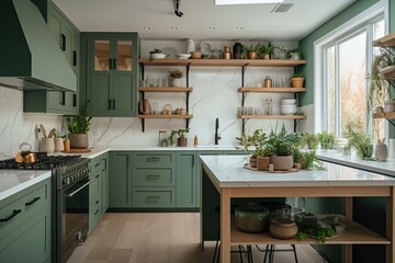 Stylish modern open plan kitchen featuring green wooden cupboards and off white marble counters, AI generative