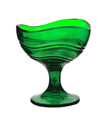 Green glass dessert bowl isolated on white. One ice cream, compote, dessert glass translucent bowl. Object isolated background.