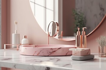 Bathroom Counter with a Pink Marble Sink created with Generative AI technology