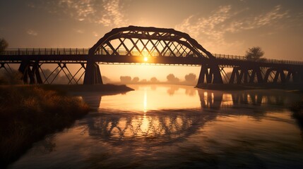 Bridge over water with the sunrise in the background, creating a beautiful silhouette, AI generative warm golden landscape