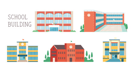 School of various designs. Brick buildings, yellow walls, classic roofs, modern rooftop style buildings. vector illustration - 585996990