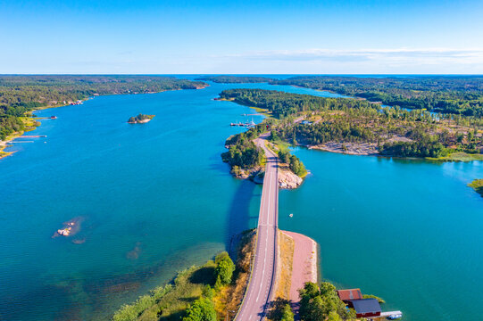 Panorama view of a bridge on a road between Hammarland and EckerГ¶ at Aland islands in Finland