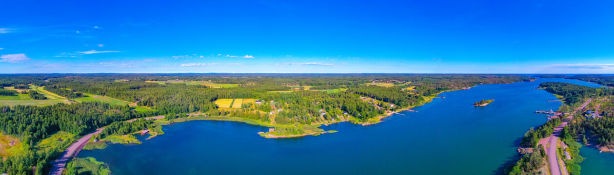 Panorama view of a bridge on a road between Hammarland and EckerГ¶ at Aland islands in Finland