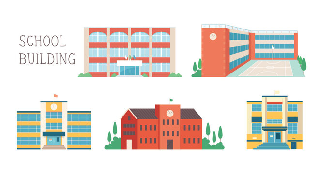 School of various designs. Brick buildings, yellow walls, classic roofs, modern rooftop style buildings. vector illustration