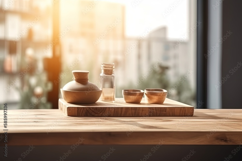 Canvas Prints rustic wooden table decorated with bowls and a bottle created with Generative AI technology