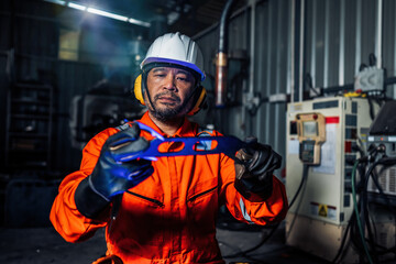 Fototapeta premium Asian factory worker working adept robotic arm in workshop . Industry robot programming software for automated manufacturing technology Checking quality of workpieces manufacturing industry technology