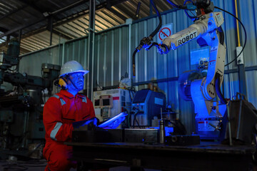 Fototapeta na wymiar Engineer monitors and controls automatic welding robotic arm machine in intelligent automotive factory with industry 4.0 digital manufacturing execution system software monitoring.