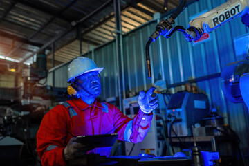 Engineer monitors and controls automatic welding robotic arm machine in intelligent automotive factory with industry 4.0 digital manufacturing execution system software monitoring.