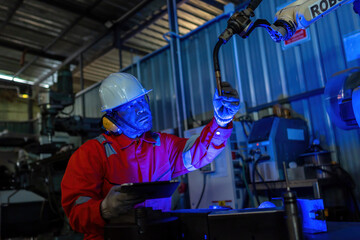 Engineer monitors and controls automatic welding robotic arm machine in intelligent automotive factory with industry 4.0 digital manufacturing execution system software monitoring.