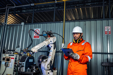 Engineer monitors and controls automatic welding robotic arm machine in intelligent automotive...