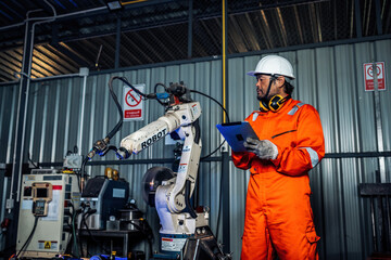 Engineer monitors and controls automatic welding robotic arm machine in intelligent automotive...