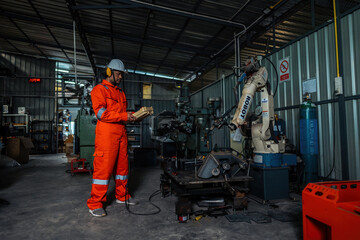 Male engineer holding robot controller for maintenance or repair automatic robotic machine in factory. Male technician worker working with control automatic robot arm system welding in the factory