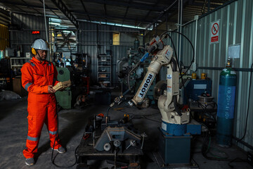 Male engineer holding robot controller for maintenance or repair automatic robotic machine in...