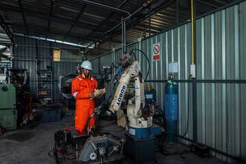 Fototapeta na wymiar Male engineer holding robot controller for maintenance or repair automatic robotic machine in factory. Male technician worker working with control automatic robot arm system welding in the factory