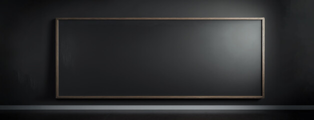A clean blank blackboard with a slight light reflection on a black wall. Generative AI.
