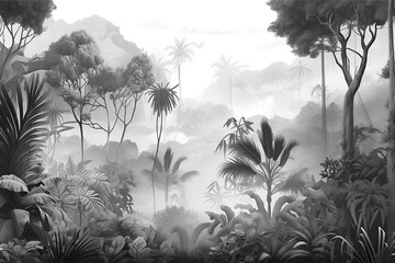 Horizontal wallpaper designed tropical forest and leaves in foggy environment black and white. Generative AI illustrations.	
 - obrazy, fototapety, plakaty