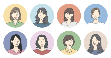 色々な女性の笑顔のアイコンセット