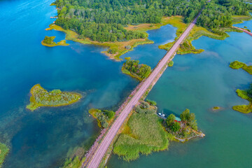 Road connecting remote islands at Aland archipelago in Finland