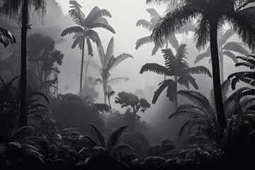 Wallpaper designed tropical forest and leaves in foggy environment black and white. Generative AI illustrations.	
