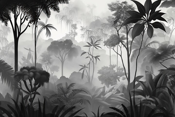 Horizontal wallpaper designed tropical forest and leaves in foggy environment black and white. Generative AI illustrations.	
