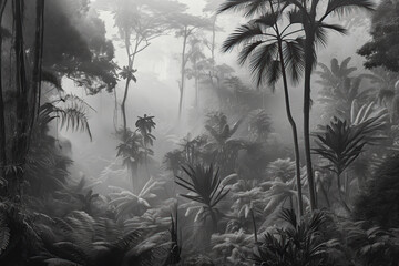 Wallpaper designed tropical forest and leaves in foggy environment black and white. Generative AI illustrations.	
