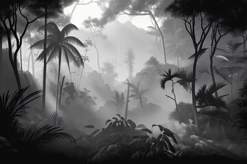 Background designed tropical forest and leaves in a foggy environment black and white. Generative AI illustrations.	
