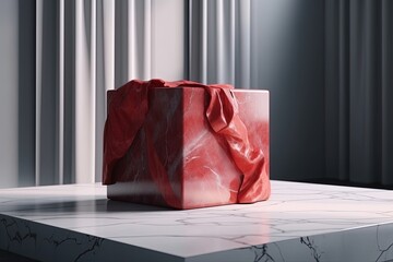 red gift box resting on a wooden table created with Generative AI technology