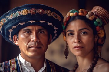 Portrait of Mexican couple wearing traditional costume. Head shot looking at camera. Generative AI