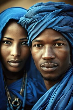 Tuareg tribe couple wearing blue traditional headscarf. Portrait looking at camera. Generative AI vertical shot
