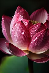Close up shot of beautiful pink lotus flowers with dew drops on it. Generative AI vertical shot