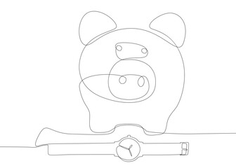 One continuous line of Piggy Bank and wristwatch. Thin Line Illustration vector concept. Contour Drawing Creative ideas.