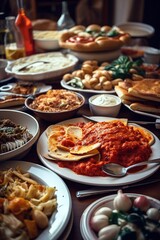 Fototapeta premium Delicious tasty table of traditional Italian food. Generative AI vertical shot