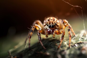 Macro shot of spider posing over leaf. Focus on foreground with copy space. Generative AI