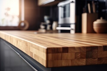 close-up view of a rustic wooden kitchen countertop created with Generative AI technology