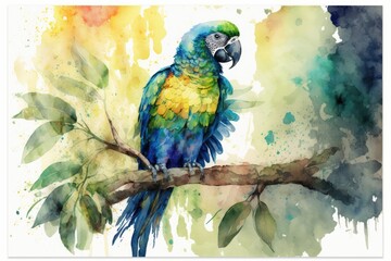 A colorful parrot perched on a branch, with a watercolor background featuring shades of green and blue to create a tropical atmosphere Generative AI