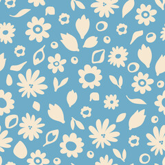 Botanical seamless pattern. Scribbled white flowers on blue background. Cute floral allover image for clothing print