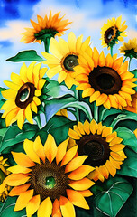 Sunflowers in a vase and field  - Created with Generative AI Technology

