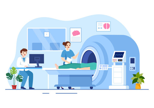MRI or Magnetic Resonance Imaging Illustration with Doctor and Patient on Medical Examination and CT scan in Flat Cartoon Hand Drawn Templates
